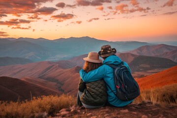 Romantic couple embraces breathtaking mountain vista at vibrant sunset, perfect for travel inspiration, outdoor adventure promotions, and heartwarming relationship stories