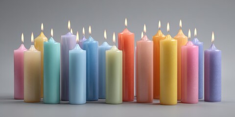 Row of colorful candles with different shades of blue, pink, yellow, and green