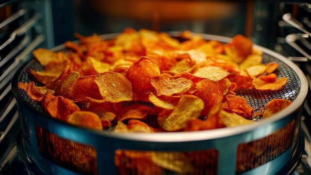 Medium shot capturing the rotating drum inside a microwave vacuum fryer as vibrant vegetable chips slowly cook emphasizing the lowoil drying process with blurred background.