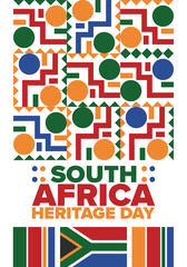 South Africa Heritage Day. Happy holiday. Celebrate culture and traditions of nation. South African flag. Poster with illustration. Pattern design. Vector