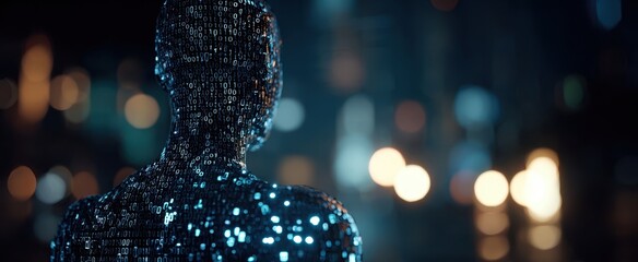 The Digital Humanoid Figure Composed of Binary Code Against Neon City Lights