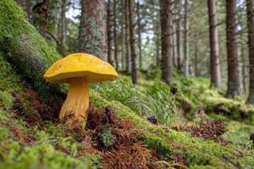 Fototapeta premium Yellow mushroom in a coniferous forest