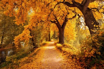 Fototapeta premium Yellow trees lining a path in an autumn park