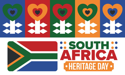 South Africa Heritage Day. Happy holiday. Celebrate culture and traditions of nation. South African flag. Poster with illustration. Pattern design. Vector