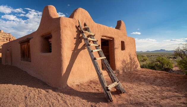 rustic wooden kiva ladder leaning on adobe southwest pueblo style home