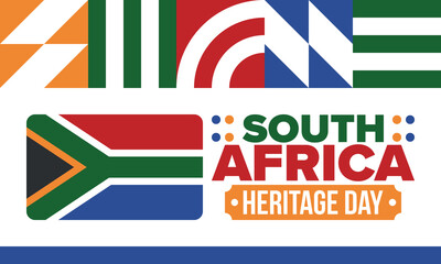 South Africa Heritage Day. Happy holiday. Celebrate culture and traditions of nation. South African flag. Poster with illustration. Pattern design. Vector