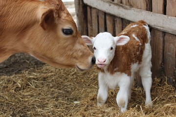 Young calf nursing from cow