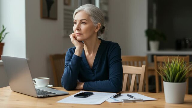 Mature woman with gray hair sitting at a table with a laptop and coffee, looking thoughtfully into the distance