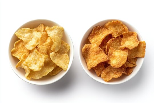 Flour crackers or kerupuk terigu Before and after frying comparison Crispy and salty Accompaniment for Indonesian dishes or a snack Displayed in a white bowl on a plain background