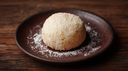 A round dessert ball coated with a powdery substance, resting on a dark plate against a wooden background, exuding a simple, elegant presentation.
