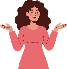 Woman with curly hair wearing pink top shrugging shoulders with open palms vector illustration 