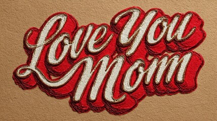 Love you mom is written in red and white on a tan background