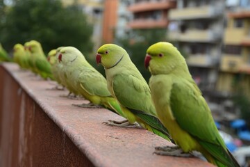 A line of parakeets perched on the terrace wall as we fed them grains in the summer