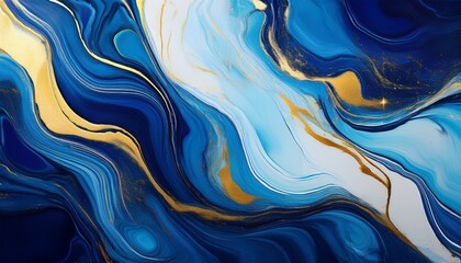 contemporary abstract liquid marble banner in blue with golden highlights
