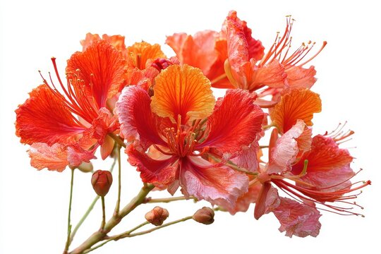 Delonix regia also known as peacock flowers arranged on a white background for decoration