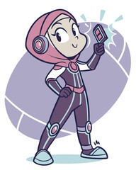 Cartoon Superheroine with Hijab Holding Futuristic Device on a Stylized Background, a Vector Illustration for Children's Media and Educational Content