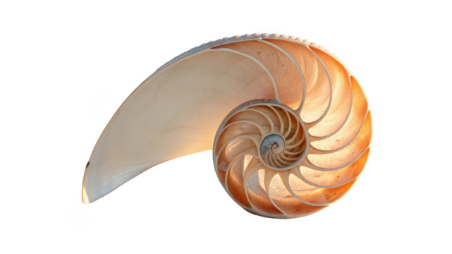 Cross section of a nautilus shell showing its intricate spiral chambers isolated on transparent background