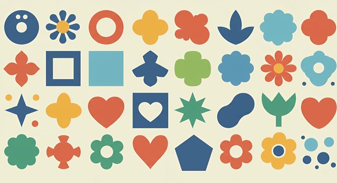Colorful retro-style geometric shapes and botanical icons arranged in playful pattern with flowers hearts and natural elements