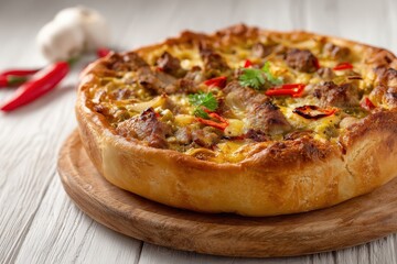 Homemade autumn meat pie with onions and bell peppers on a white wooden table Close up