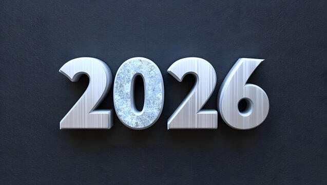 The year 2026 in silver metallic numbers on a dark gray background