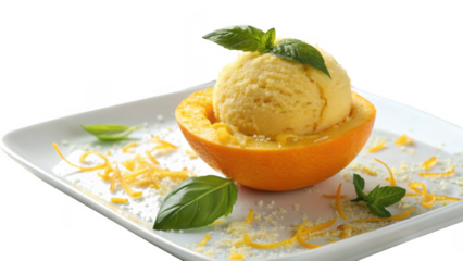 Delicious scoop of yellow ice cream served in a hollowed out orange fruit with fresh basil leaves isolated on transparent background