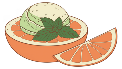 Refreshing scoop of mint ice cream served in a hollowed out orange with a slice of citrus fruit isolated on transparent background