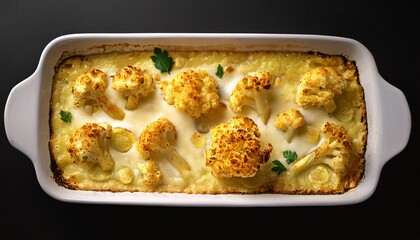 delicious cauliflower au gratin with creamy bechamel and golden cheese in tray top view