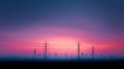 Fototapeta premium City Skyline, Power Lines at Sunset - Urban Energy