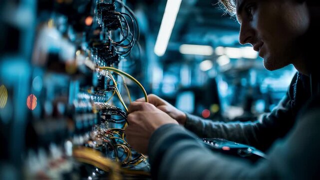 Medium shot capturing an engineer adjusting cables on a telematics ECU for hacking simulations with the cybersecurity labs diagnostic tools and blurred consoles filling the