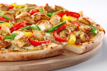 Delicious vegetable and chicken pizza on a white background with depth of field and empty space