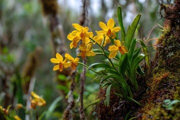 Obraz premium Yellow wildflowers Spathoglottis pubescens belong to the Orchidaceae family This geophyte with pseudobulbs thrives mainly in subtropical regions