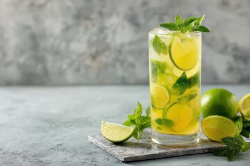 Mojito citrus drink with lime and mint served in a tall glass on a light grey stone surface