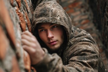 Obraz premium Close up of a youth in a camo hoodie gripping the ancient brick wall as he climbs