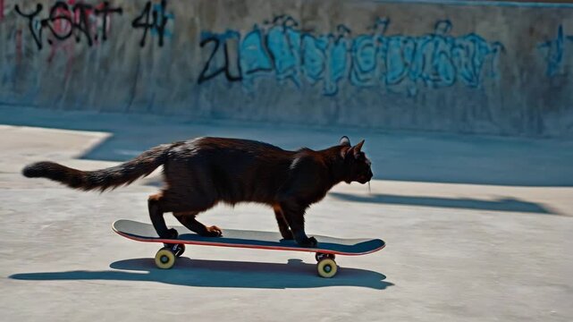 Agile black cat skillfully rides skateboard through sunlit skatepark, defying expectations with cool confidence.