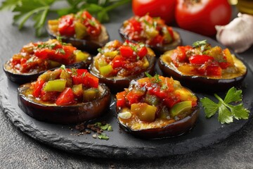 Eggplant starter on gray backdrop Dish featuring eggplant green pepper onion garlic tomato and paste Culinary background Known locally as saksuka