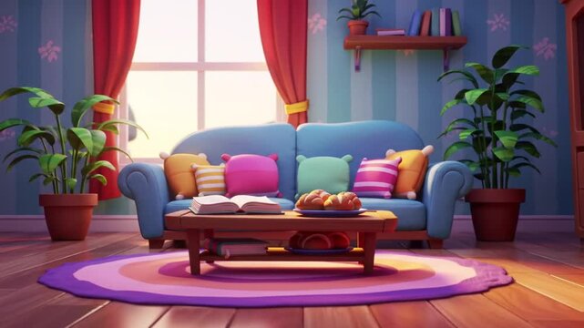 A cozy cartoon living room with a blue couch colorful pillows wooden coffee table and vibrant purple rug in a sunny home interior with green plants