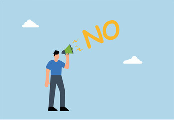 confident businessman speaks loudly in megaphone with the word No to his boss.
