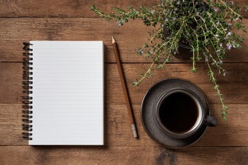 Top down view of a wooden table featuring notebook paper a pencil coffee thyme in a flowerpot and space for text Idea for web banner or marketing
