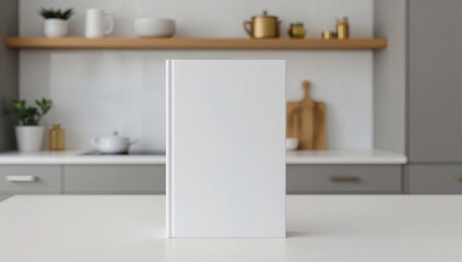 Blank white cookbook set on white counter against blurred defocused kitchen background with wooden board and gray cabinet, cooking book mockup, copy text space