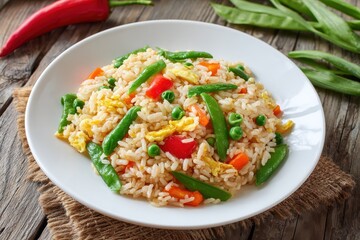 Vegetable stir fried rice on a white dish Plant based nutritious Overhead view Detailed shot