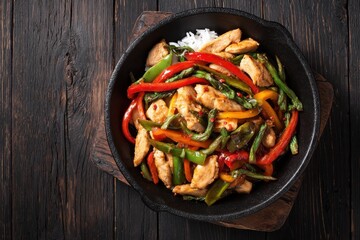 Top view of vegetable chicken stir fry served in a cast iron skillet on a dark wood surface