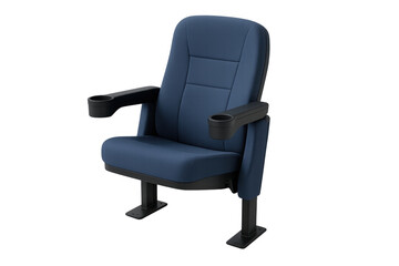 Empty modern blue cinema or theater seat with cup holders on transparent background