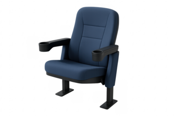 Empty modern blue cinema or theater seat with cup holders on transparent background