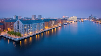 Fototapeta premium Modern Cityscape Waterfront Architecture Evening Dusk Skyline