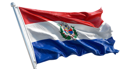 A waving flag with red white and blue horizontal stripes and a coat of arms emblem in the center