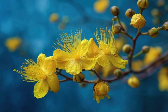 golden tekoma blooms against a blue backdrop