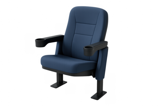 Empty modern blue cinema or theater seat with cup holders on transparent background - Powered by Adobe
