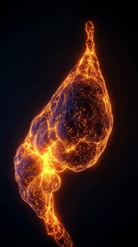 Dynamic footage of pancreas inflammation fiery orange light emphasizing active enzyme leakage and tissue damage.
