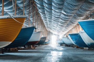 Boats sheltered from frost under awning at pier warehouse Winter preparation concept