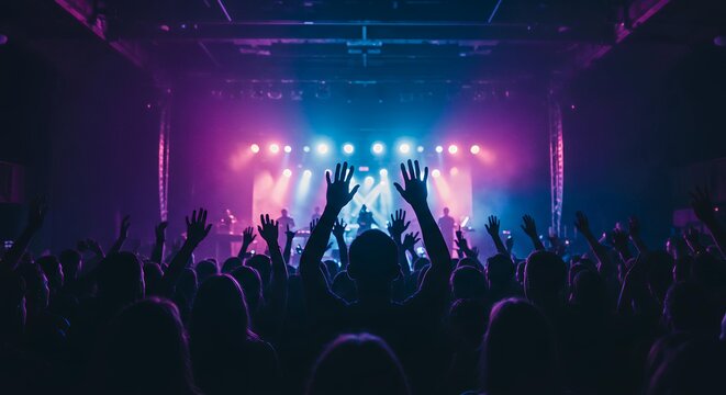Concert stage with colorful spotlights and silhouetted crowd raising hands at live music performance in entertainment venue with purple and blue lighting